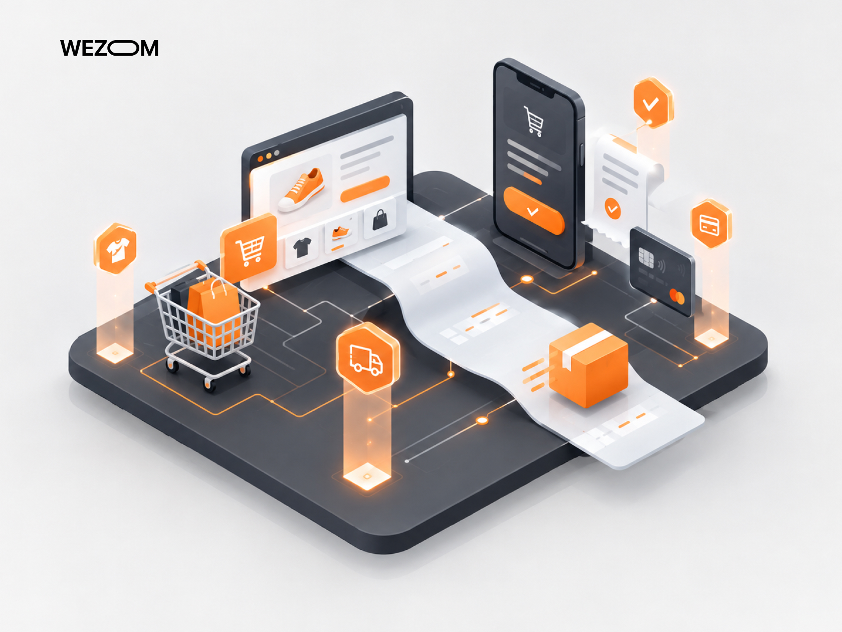 Blockchain retail payment processing with online shopping, mobile checkout, digital receipts, and delivery tracking